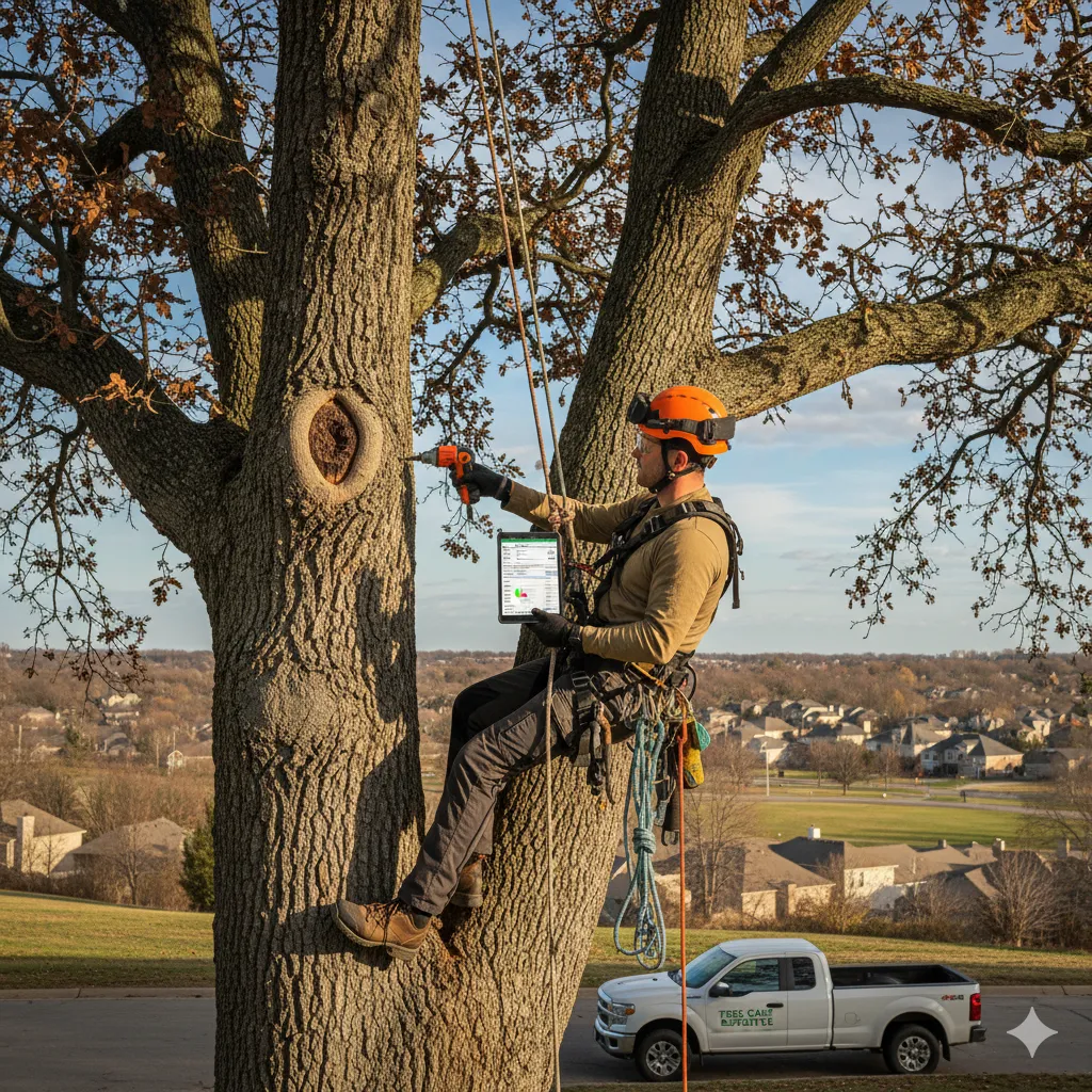 Professional arborist conducting tree health assessment