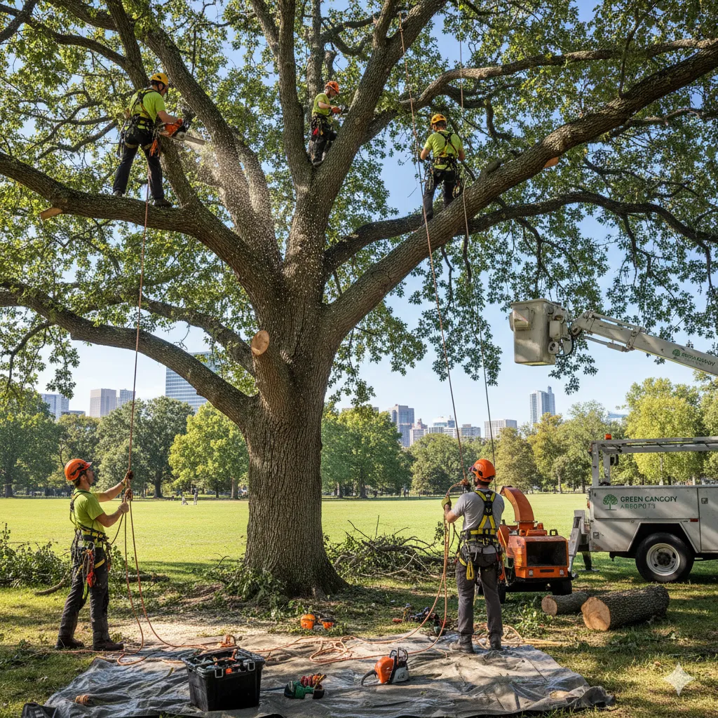 Professional arborist team working on tree care project
